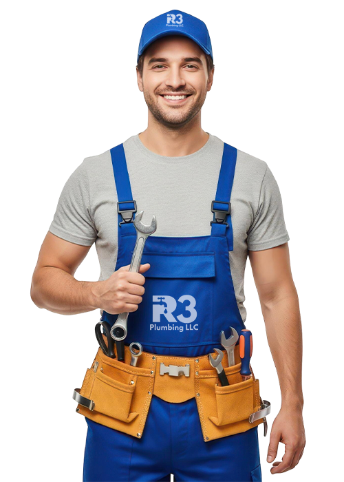 Plumber crouching to inspect PVC drain lines beneath a bathroom sink cabinet